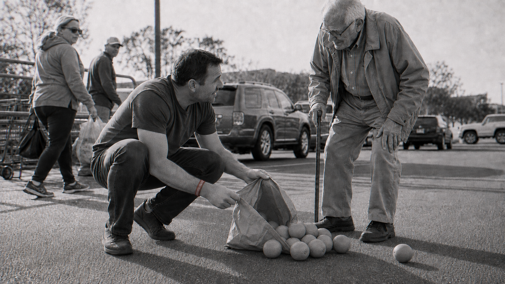 A man helping pick up spilled oranges, the red band on his wrist