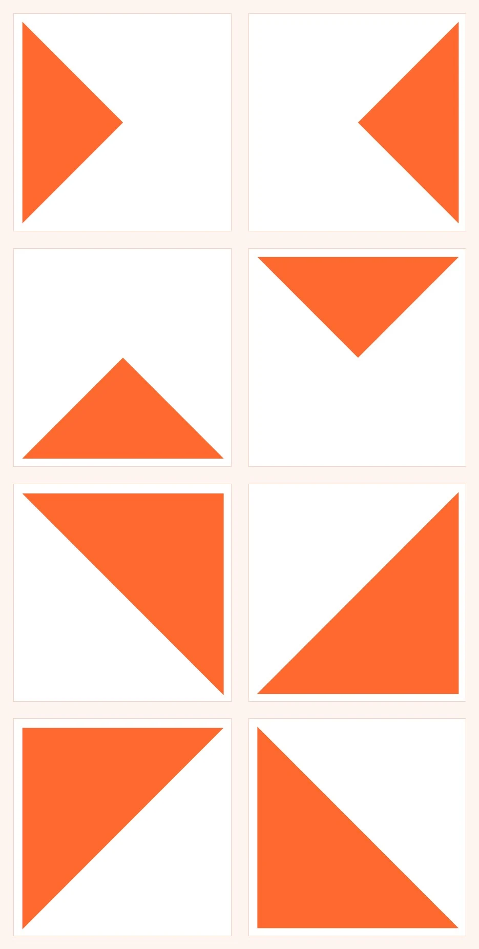 Directional triangle motifs constructed on the 16 by 16 grid: progress on the Positive diagonal, return and recovery on the Negative.