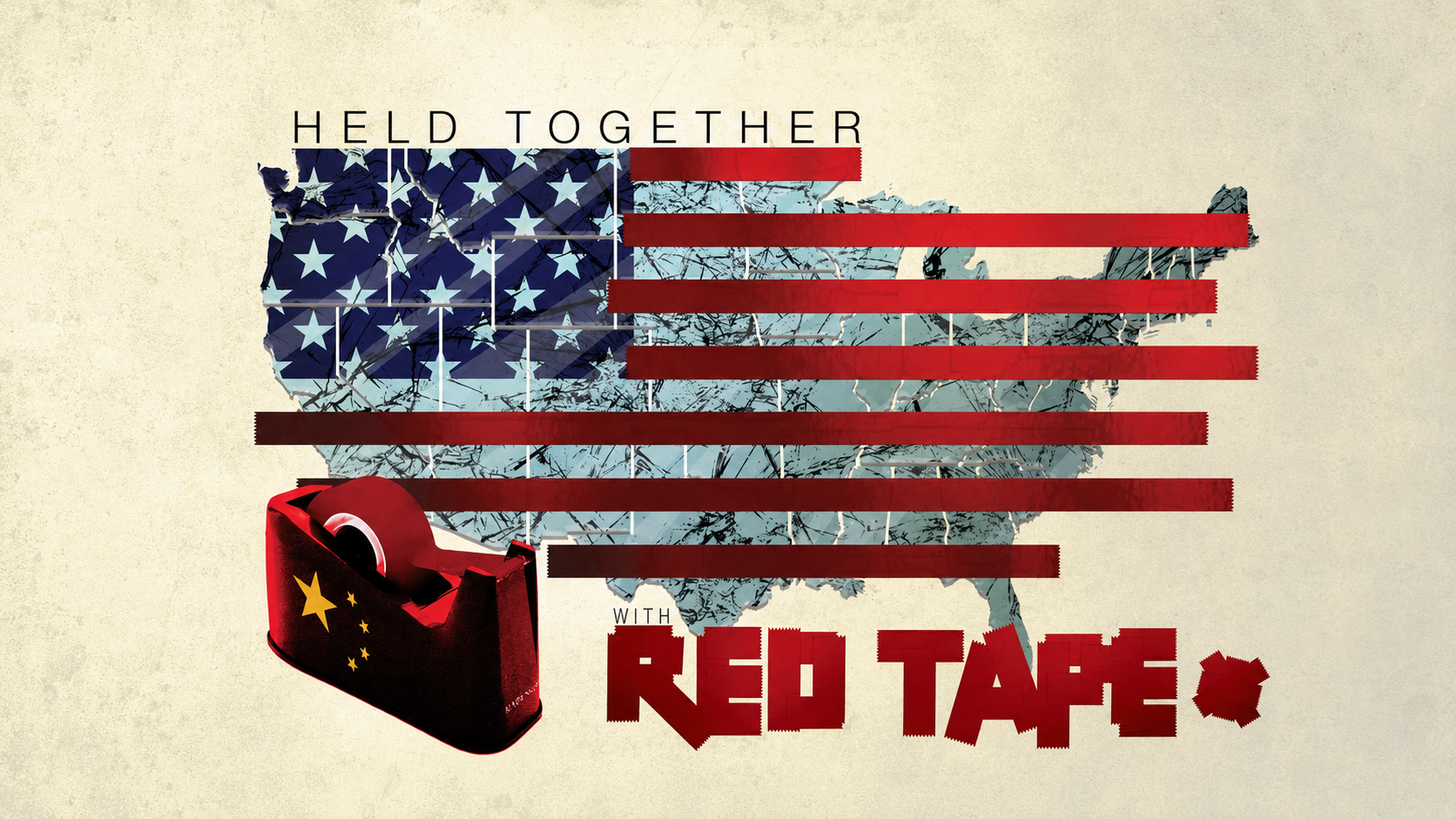 A cracked, distressed United States flag held together with strips of red tape