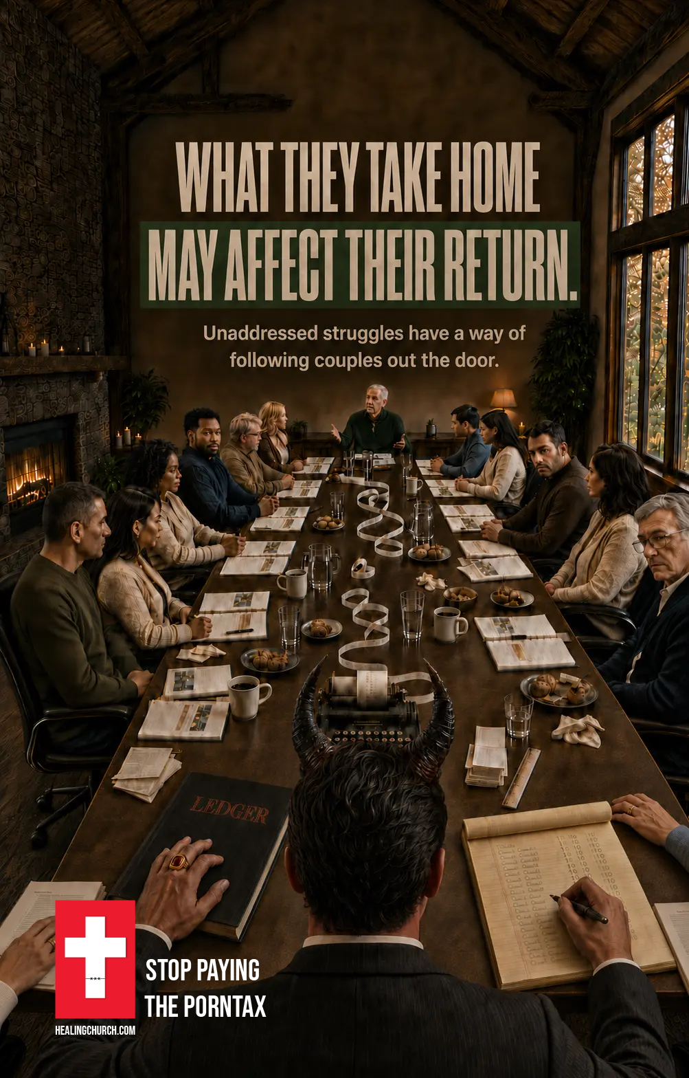 Porn Tax campaign ad for a church couples group, headline What they take home may affect their return, with the Stop Paying the Porntax cross logo.