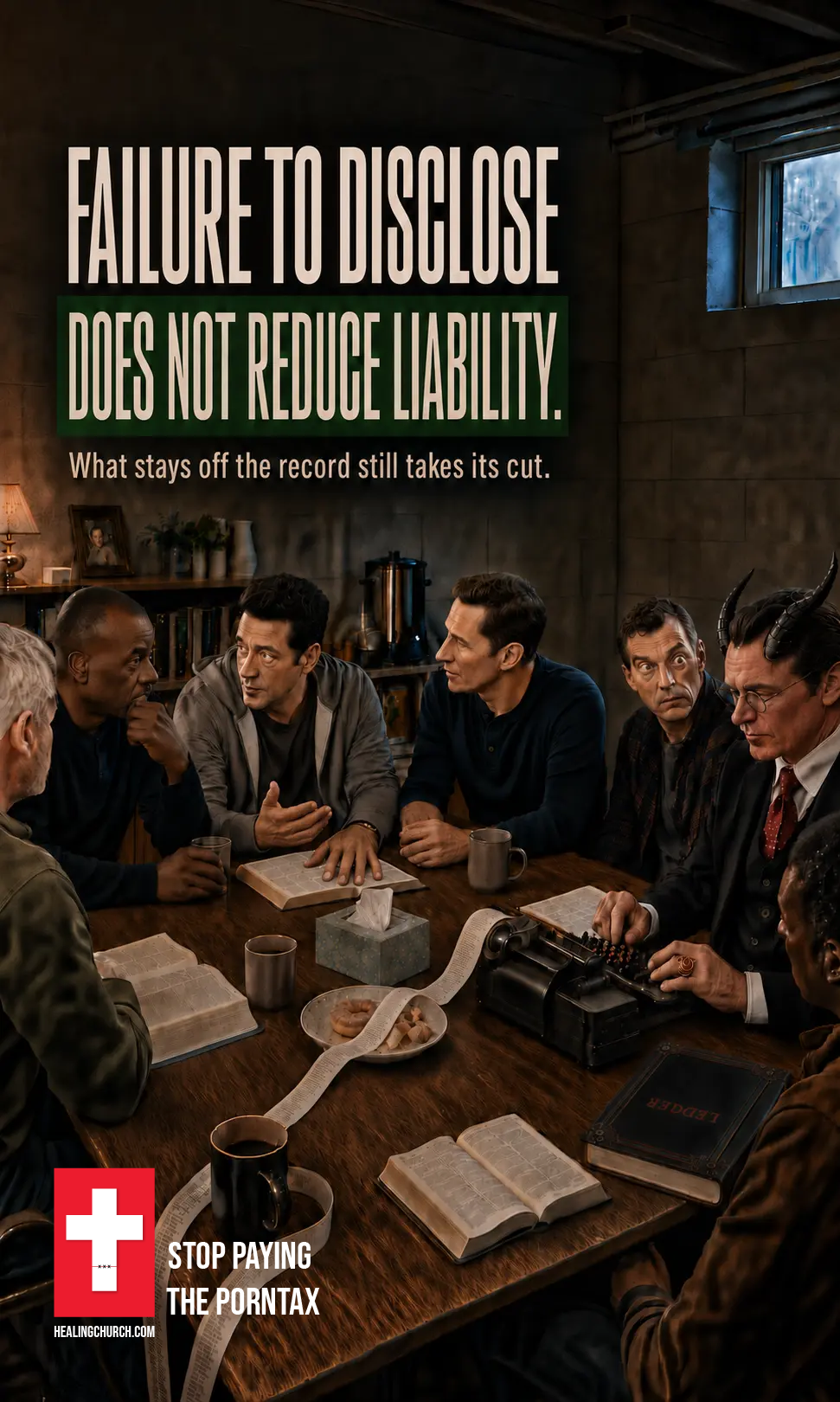 Porn Tax campaign ad for a men's ministry group, headline Failure to disclose does not reduce liability.