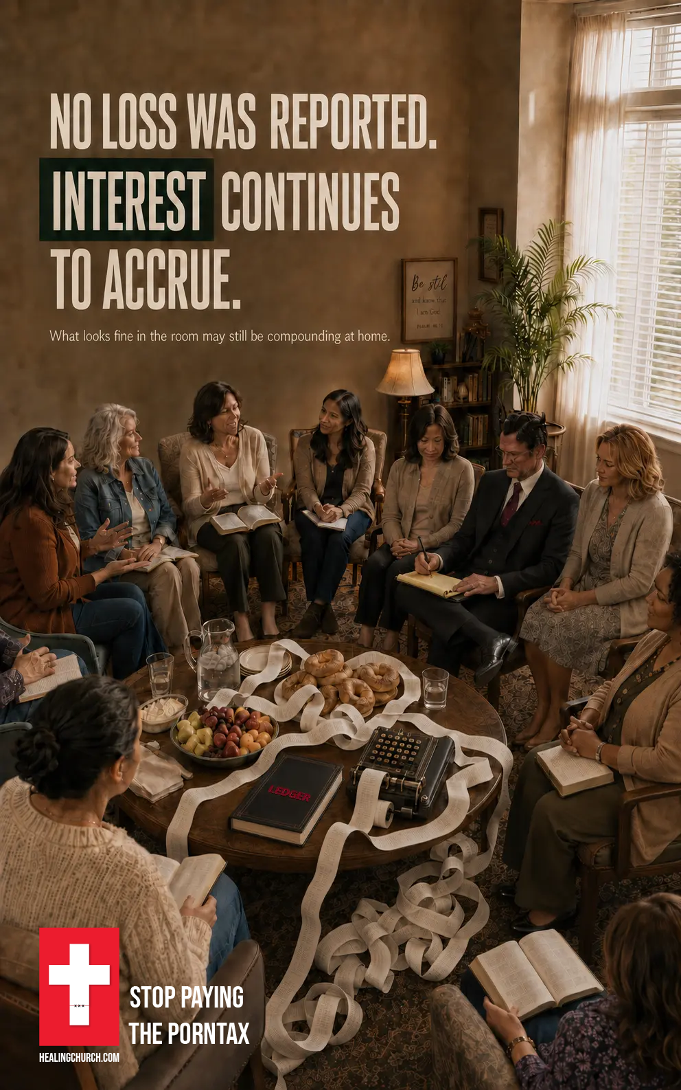 Porn Tax campaign ad for a women's ministry group, headline No loss was reported, interest continues to accrue.