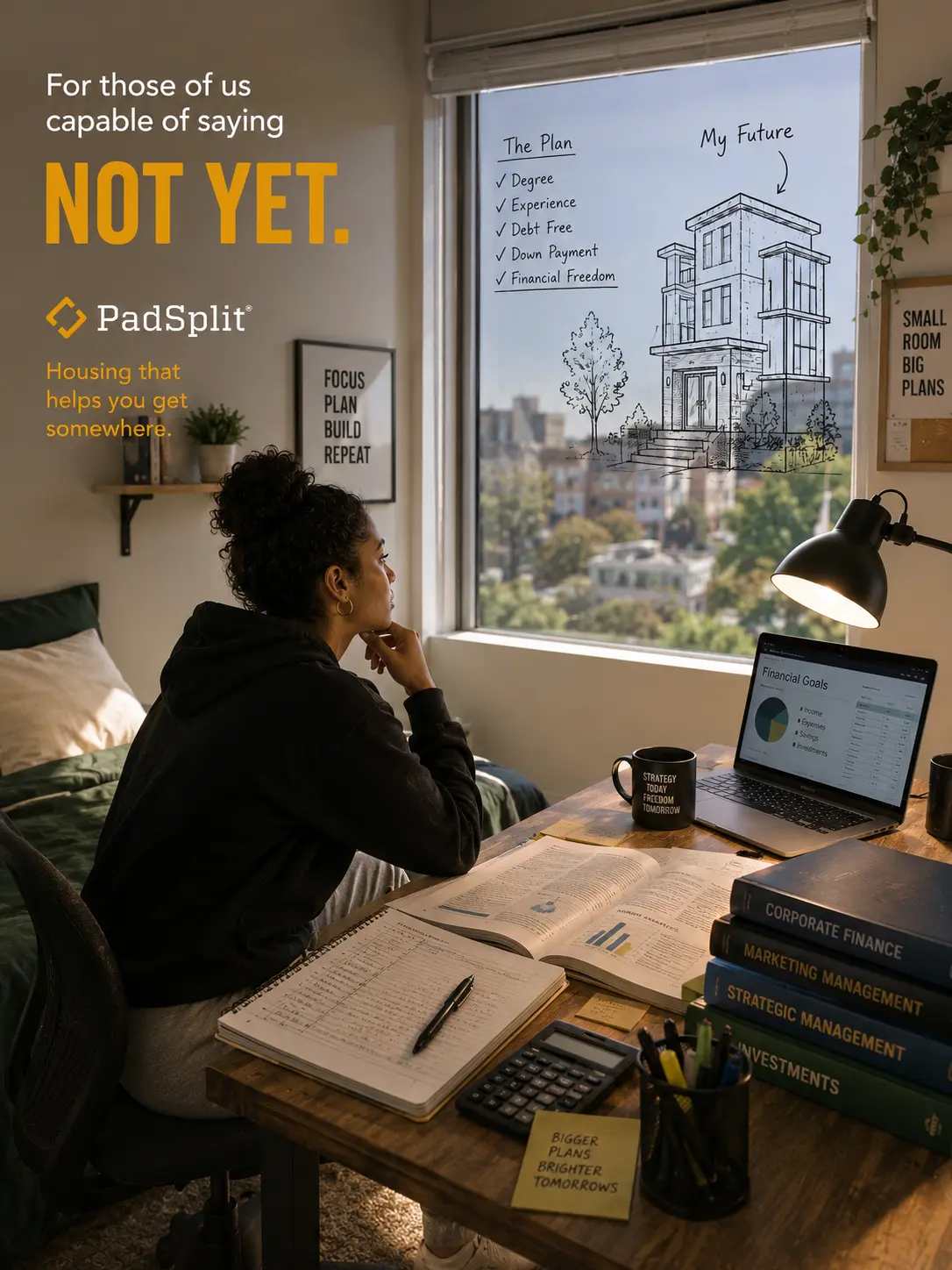 Not Yet ad: a financial plan taped to a window, the goal still ahead.