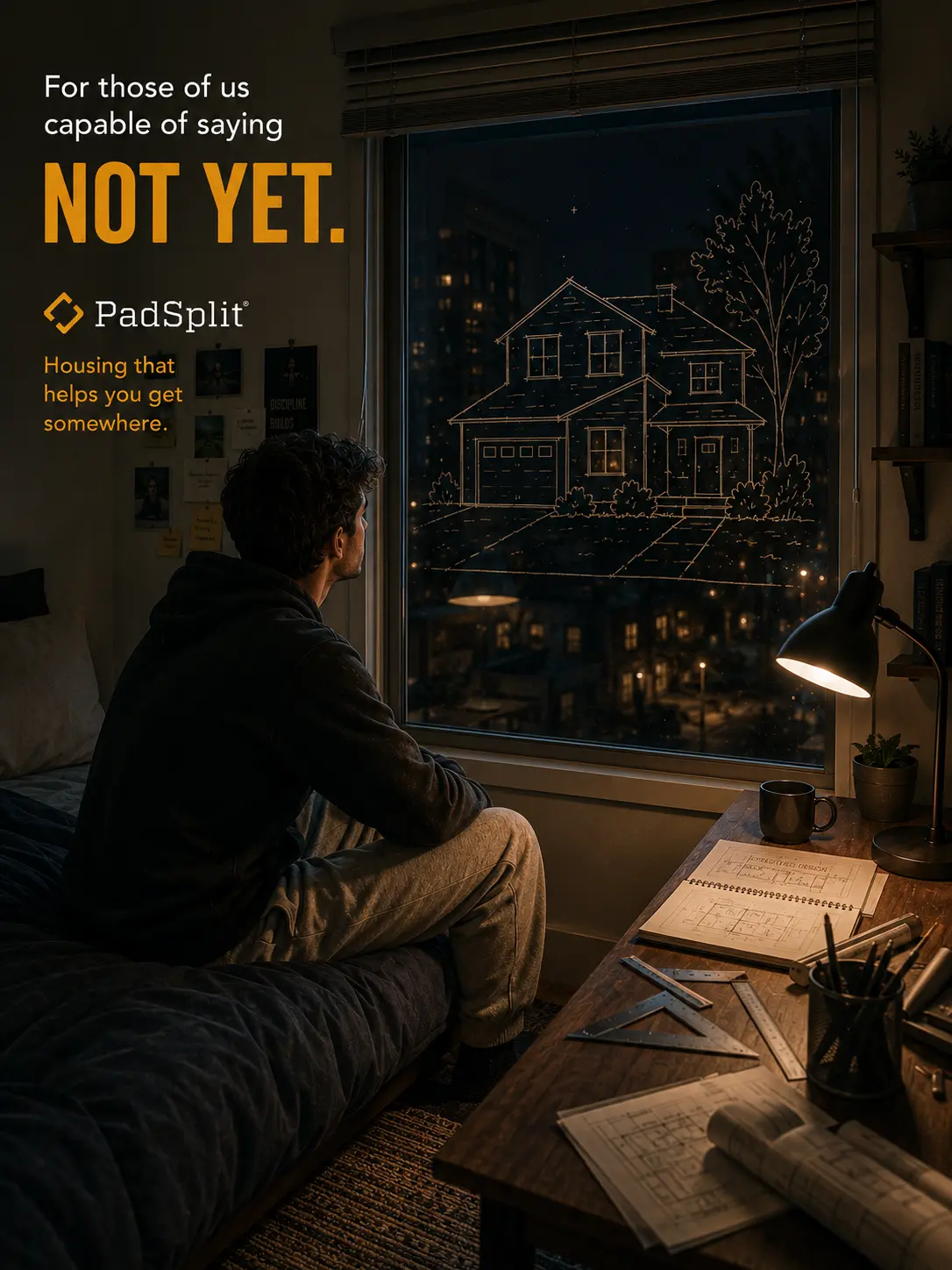 Not Yet ad: a person looks through a window toward the house they are working toward.