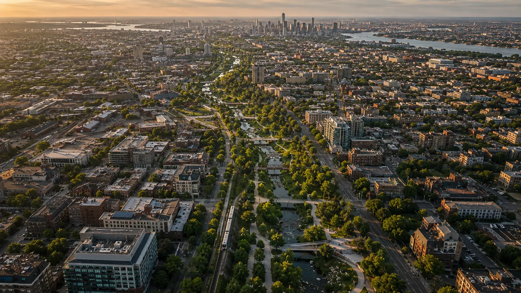 An aerial view of a future human centered city.