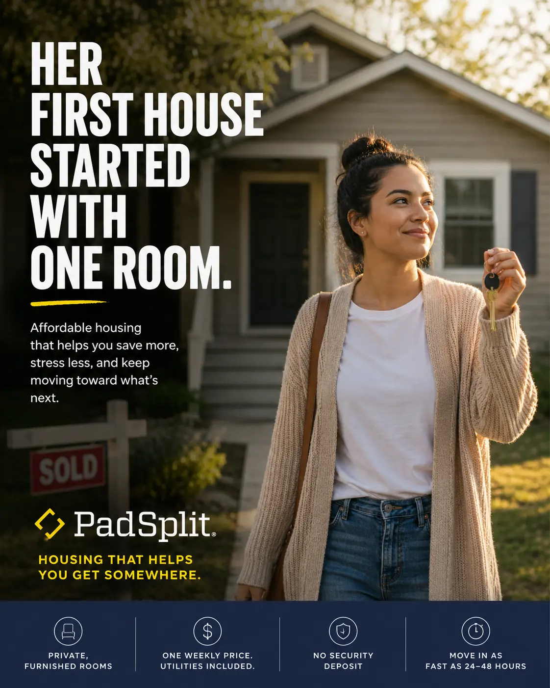 PadSplit ad: her first house started with one room.