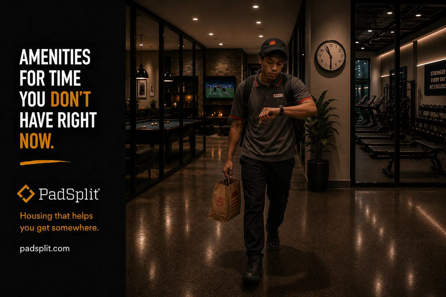 PadSplit gym ad, version two: a worker in uniform after a late shift, the gym unused behind him.