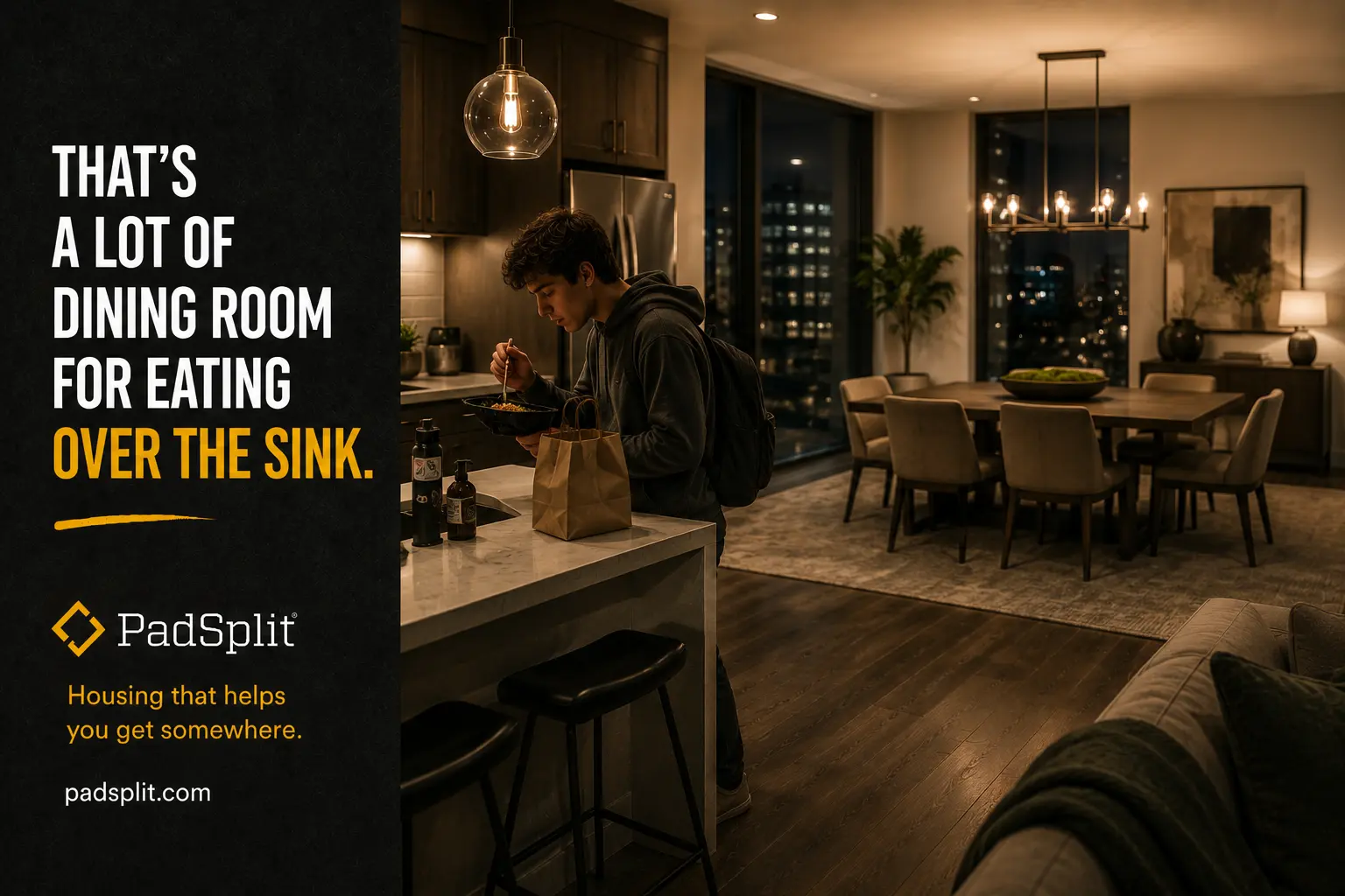 PadSplit ad: a formal dining room while dinner happens over the sink.