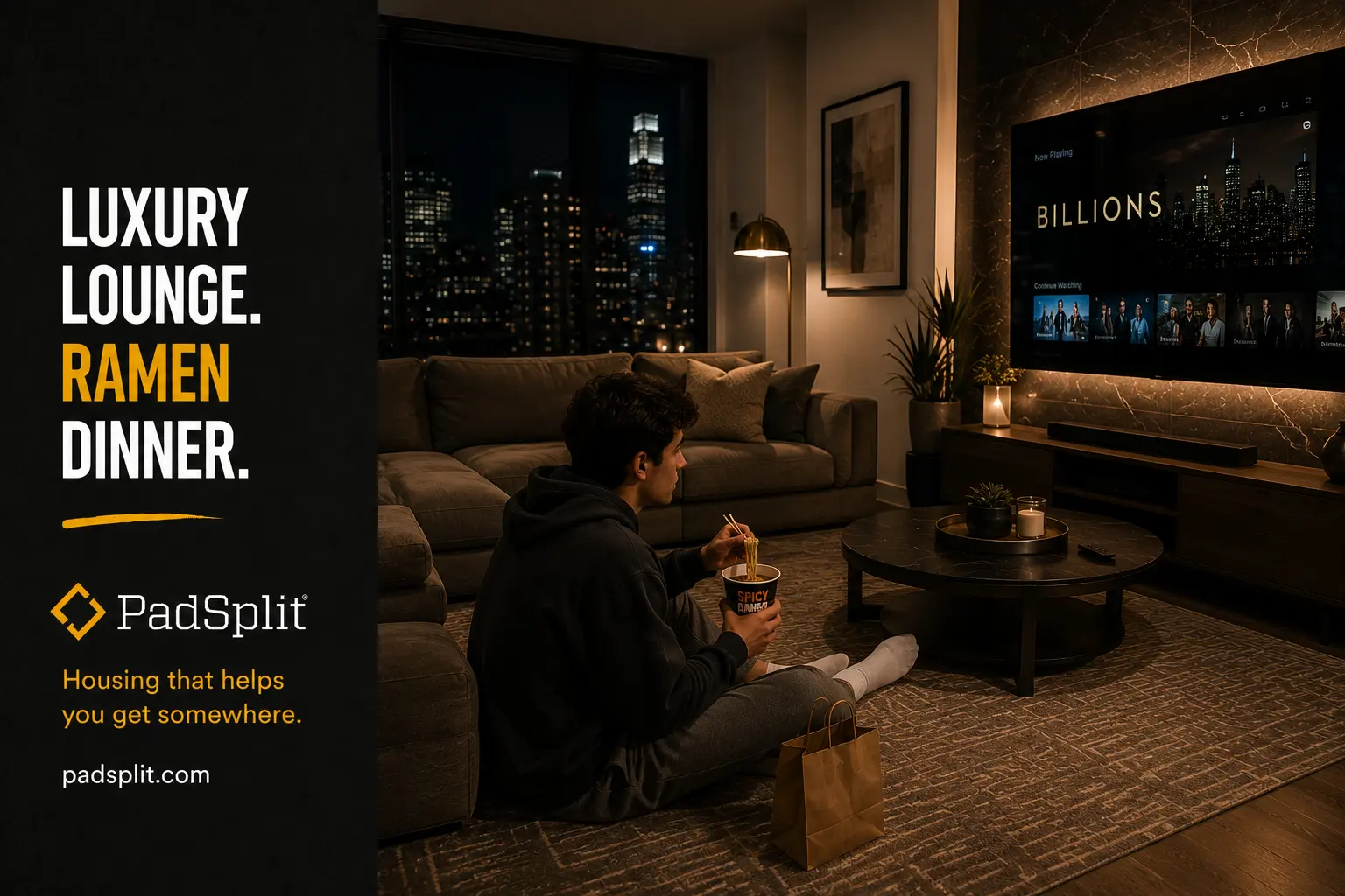 PadSplit ad: a luxury lounge and a ramen dinner.
