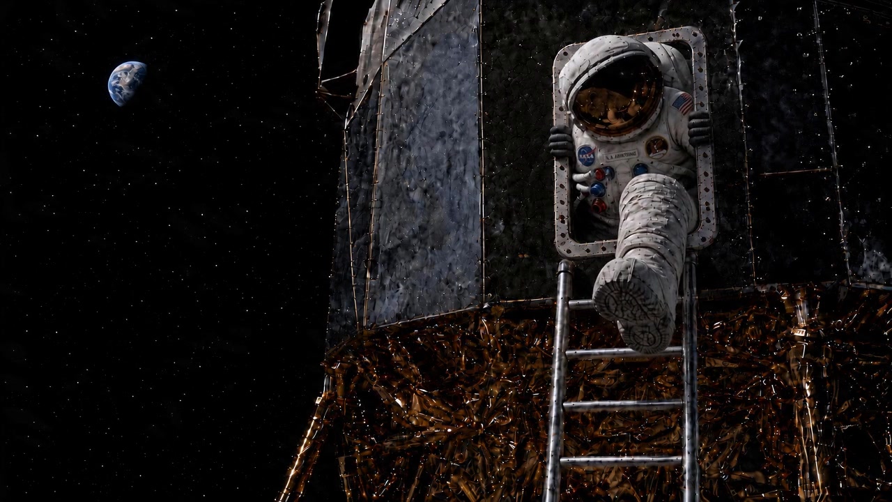 Blaxmith.ai campaign films, silent: an astronaut wedged in an undersized lunar-module doorway, Earth in the distance