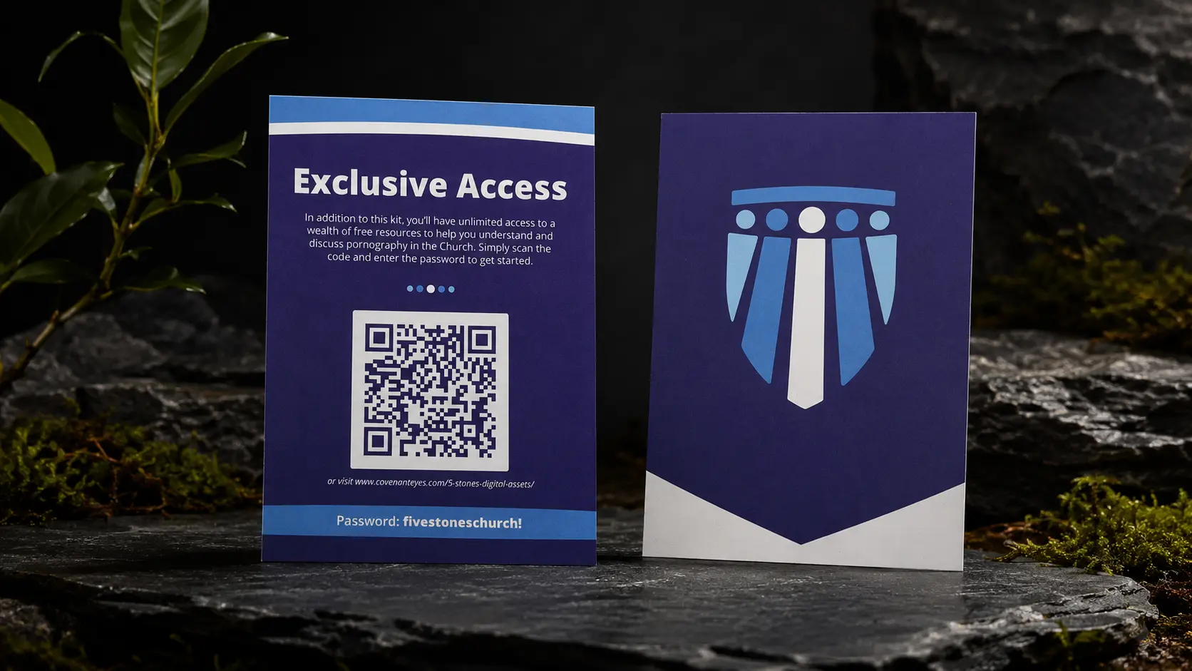 The Exclusive Access card, front and back, on dark stone: a QR code and password panel, and the reverse carrying the 5 Stones shield.