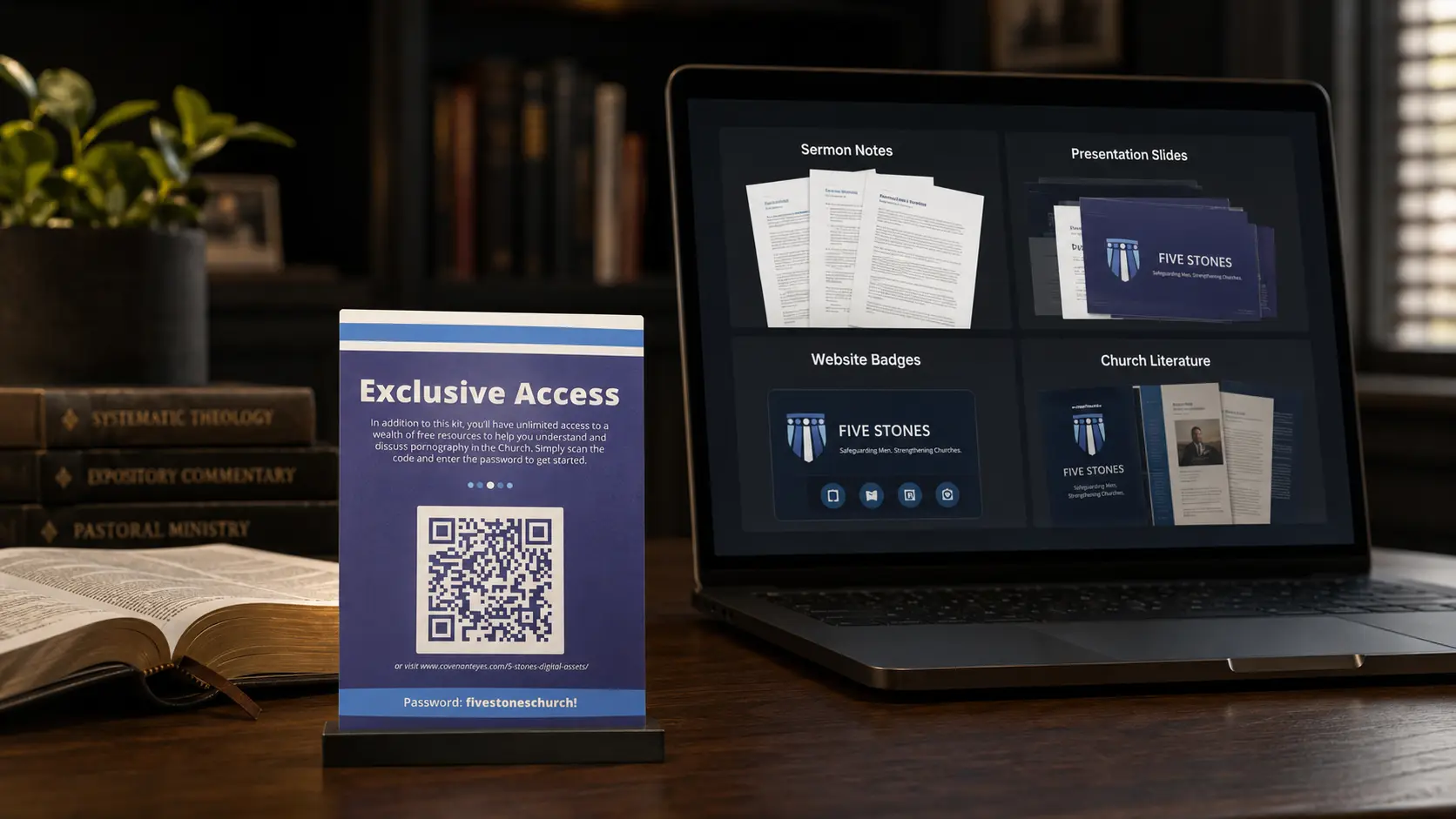 The Exclusive Access card standing on a pastor&rsquo;s desk beside a laptop showing the digital repository: sermon notes, presentation slides, website badges and church literature.