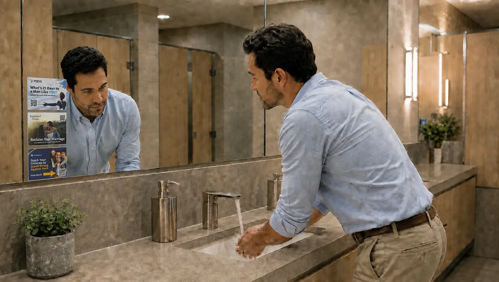 A man washing his hands at a church restroom sink. A 5 Stones sticker sheet is mounted on the mirror beside him, within reading distance and out of anyone else&rsquo;s sightline.