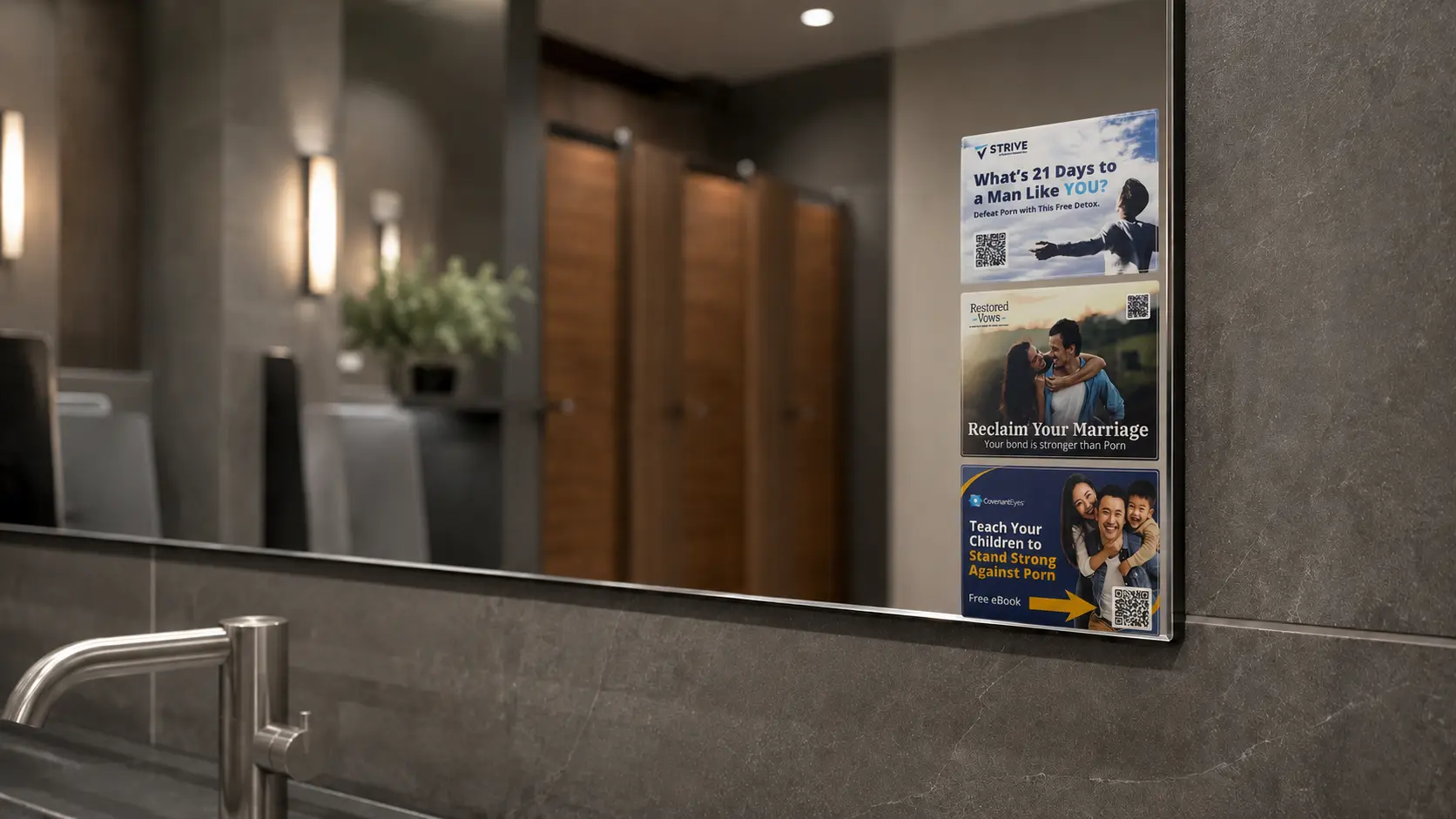 An empty church restroom, stall doors reflected behind, a 5 Stones sticker sheet mounted on the mirror.