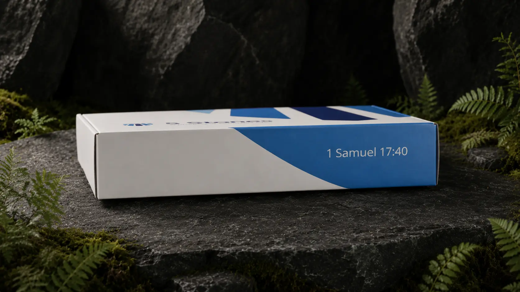 The side panel of the closed kit, printed with the line &ldquo;1 Samuel 17:40&rdquo;.
