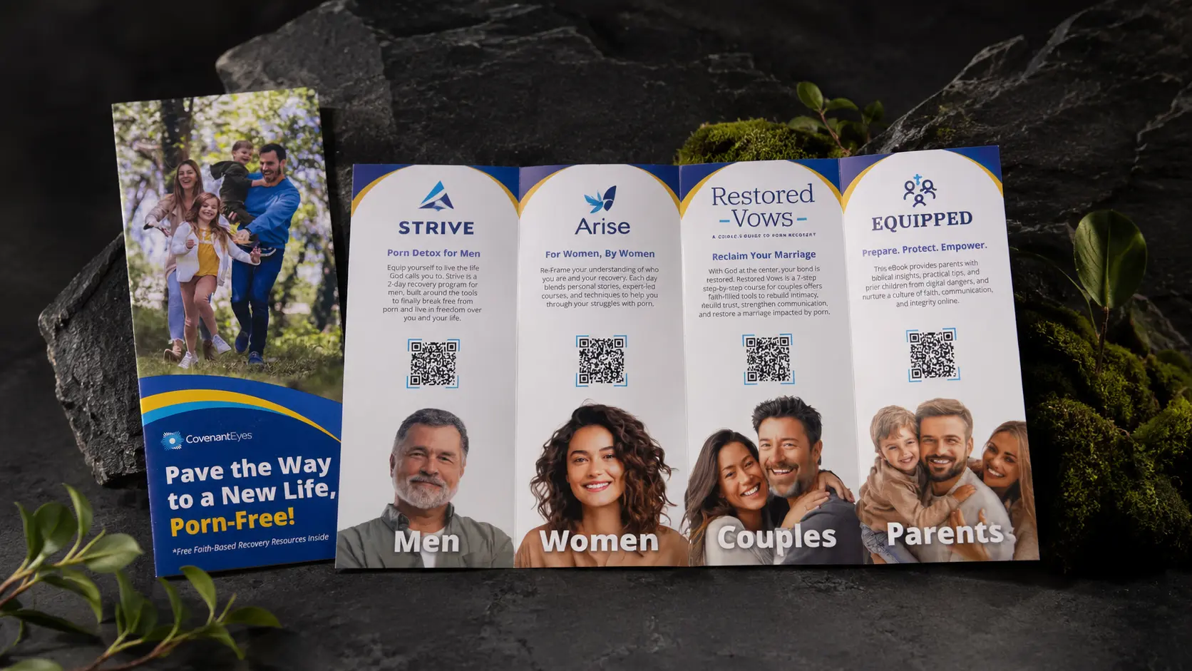 The 5 Stones gatefold brochure opened flat, four panels headed Men, Women, Couples and Parents, each carrying its resource mark, a short description and a QR code.