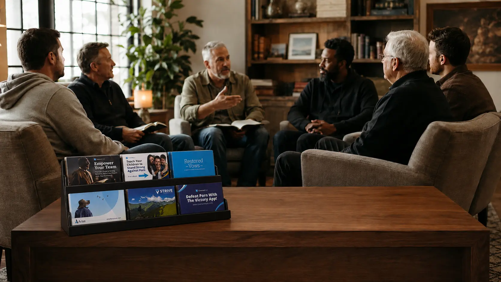 The six-card display on a coffee table in the foreground while a men&rsquo;s small group meets behind it.