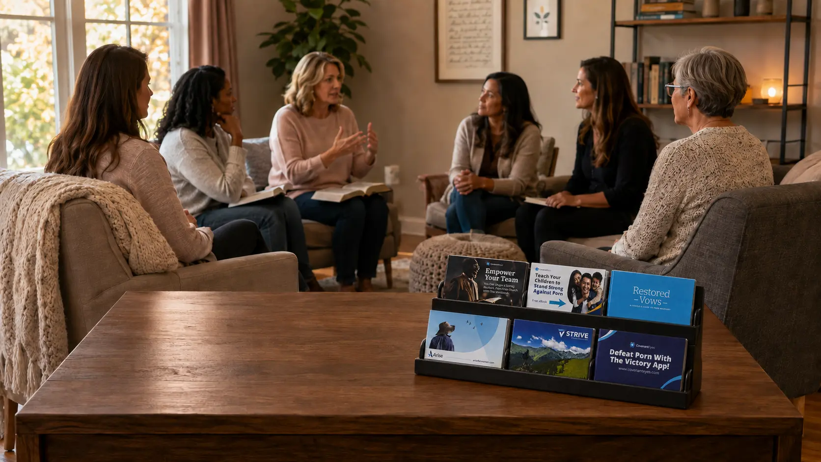 The six-card display on a table in the foreground while a women&rsquo;s small group meets behind it.