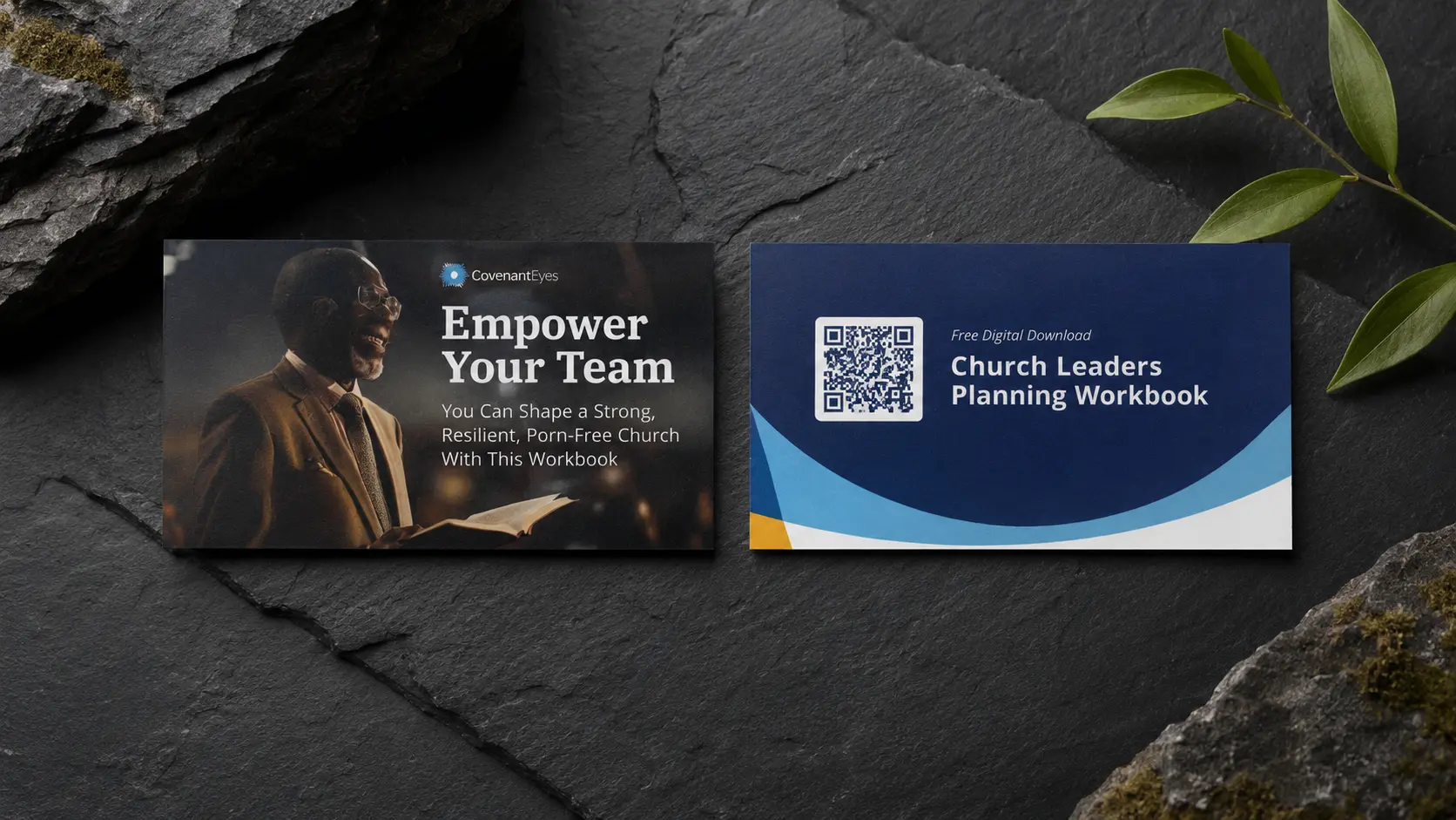 The leadership resource card, front and back, on dark stone: a pastor reading, headed &ldquo;Empower Your Team&rdquo;, and a reverse offering a free Church Leaders Planning Workbook with a QR code.