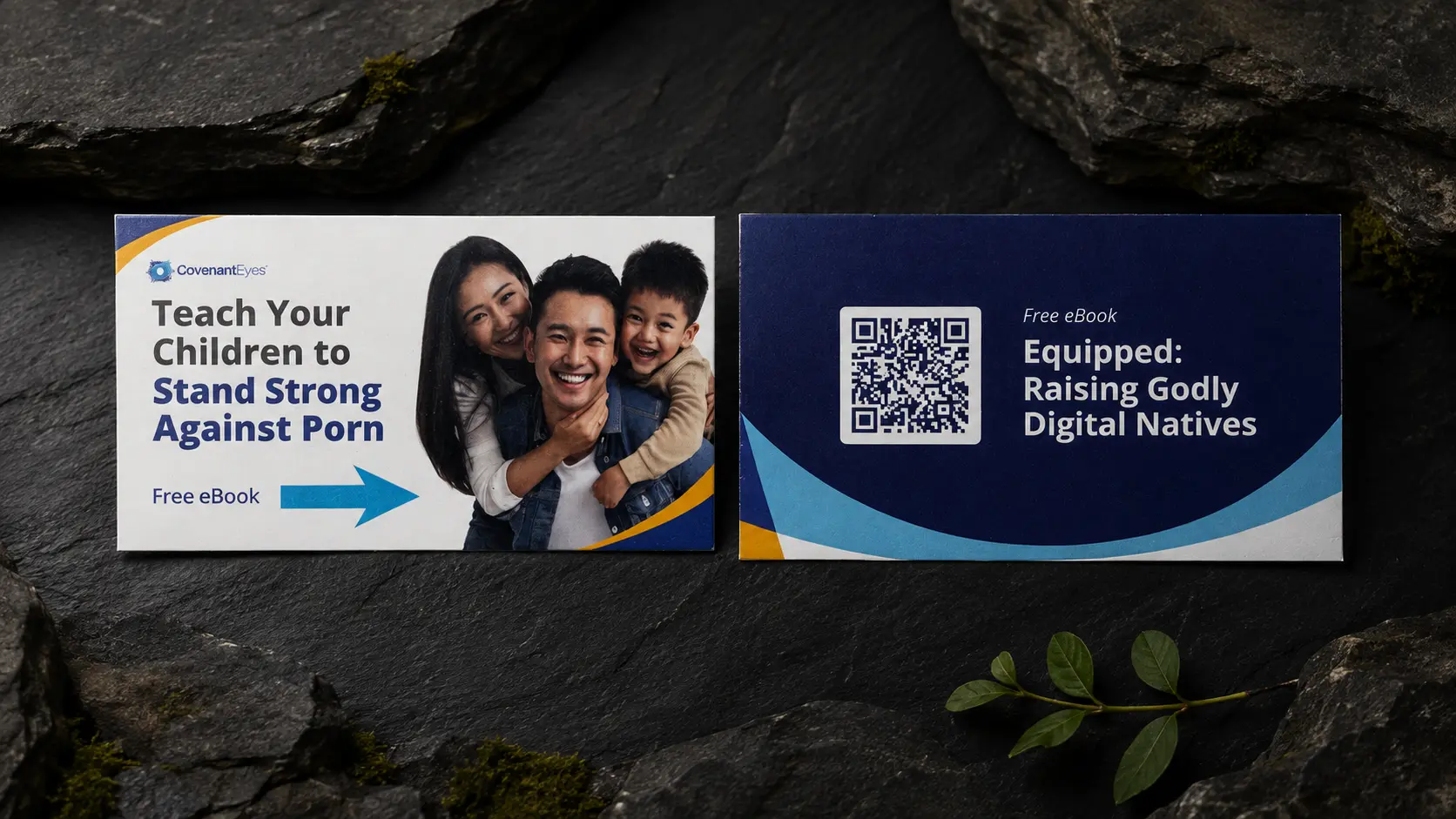 The Equipped resource card, front and back, on dark stone: a family photograph headed &ldquo;Teach Your Children to Stand Strong Against Porn&rdquo;, and a reverse offering the free ebook &ldquo;Equipped: Raising Godly Digital Natives&rdquo;.