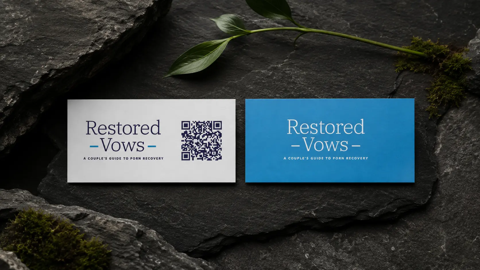 The Restored Vows resource card, front and back, on dark stone: a quiet wordmark reading &ldquo;Restored Vows — a couple&rsquo;s guide to porn recovery&rdquo; with a QR code.