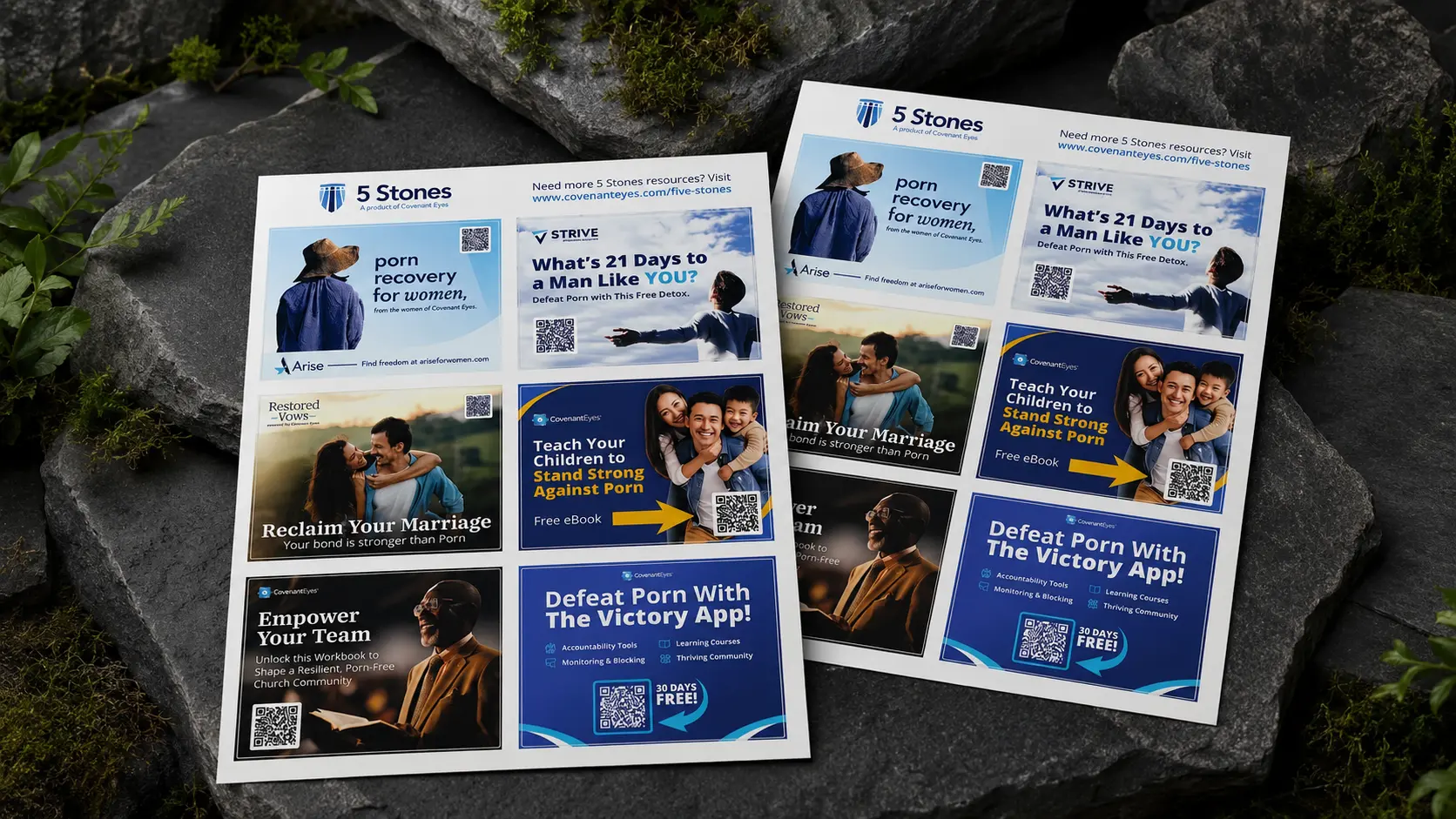 Two 5 Stones sticker sheets on dark stone, each carrying separate peel-off stickers for the men&rsquo;s, women&rsquo;s, couples, parents and leader resources, every one with its own QR code.