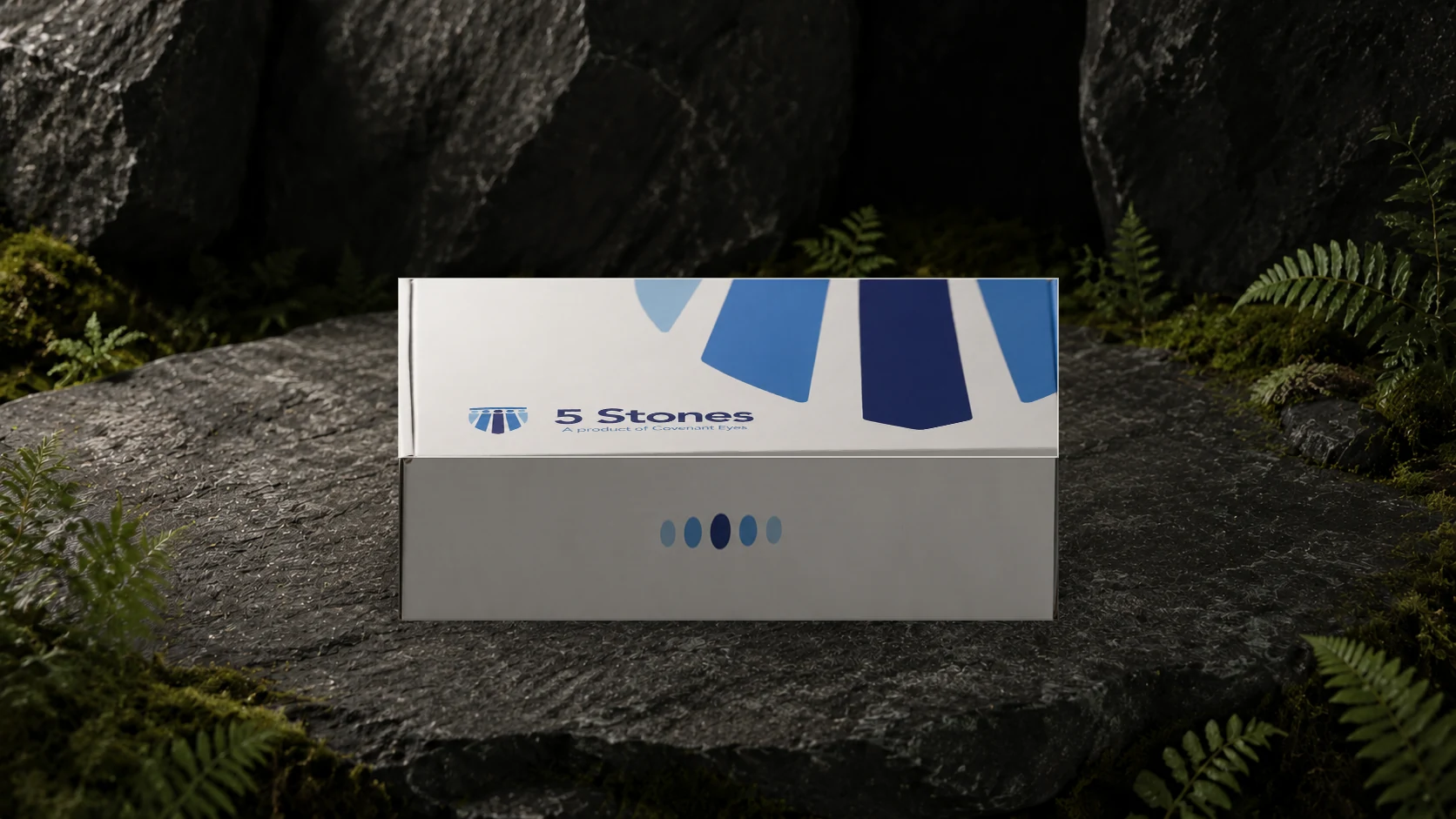 The closed 5 Stones kit seen from the front, the 5 Stones mark at left and five dots along the front edge.