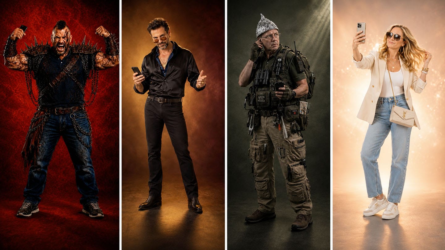 The four campaign archetypes side by side: the Road Warrior, the Seducer, the Conspiracy Guy, and the Main Character.